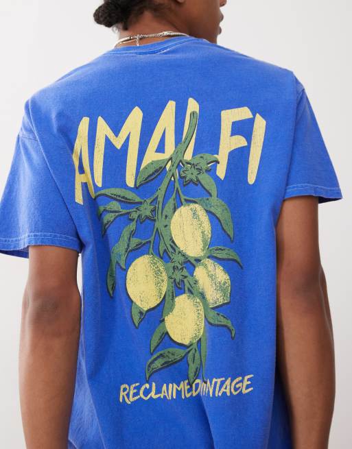 Reclaimed Vintage unisex oversized t-shirt with Amalfi lemon print in blue, 3 of 4