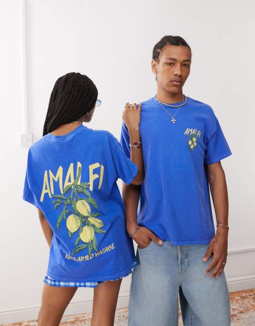 Reclaimed Vintage unisex oversized t-shirt with Amalfi lemon print in blue, 4 of 4
