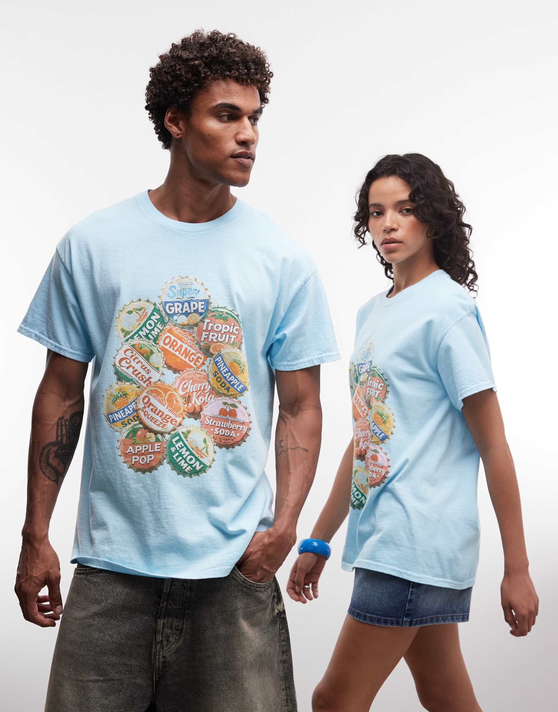 reclaimed vintage unisex oversized t-shirt with beer cap graphic in blue