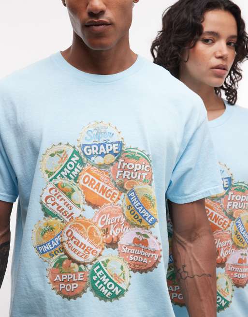 Reclaimed Vintage unisex oversized t-shirt with beer cap graphic in blue, 3 of 4