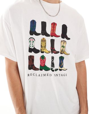 Reclaimed Vintage unisex oversized t shirt with cowboy boot graphic in white