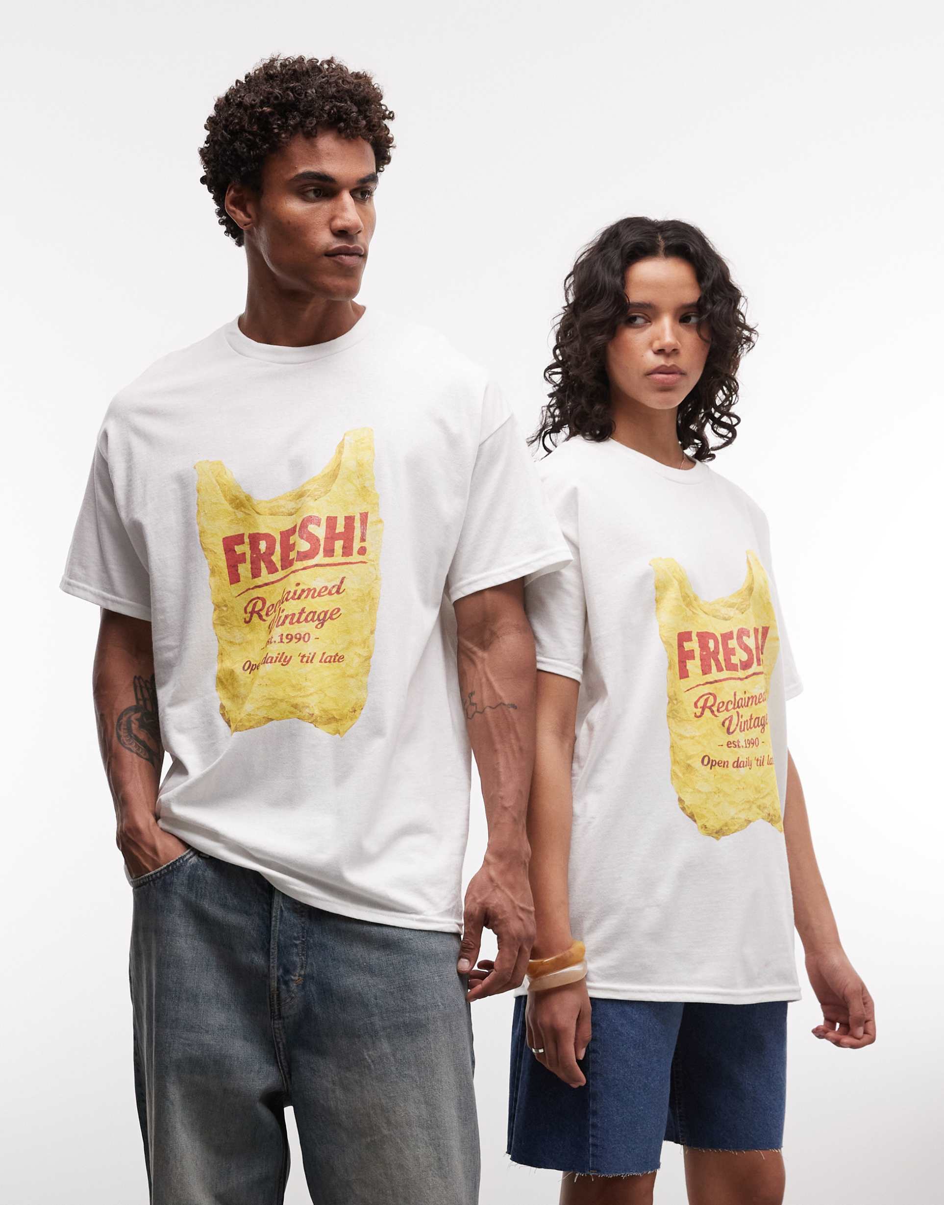 reclaimed vintage unisex oversized t-shirt with fresh shopper bag graphic in white