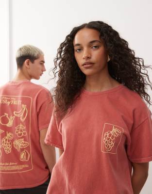 Unisex oversized t-shirt with fruit back graphic in burnt orange
