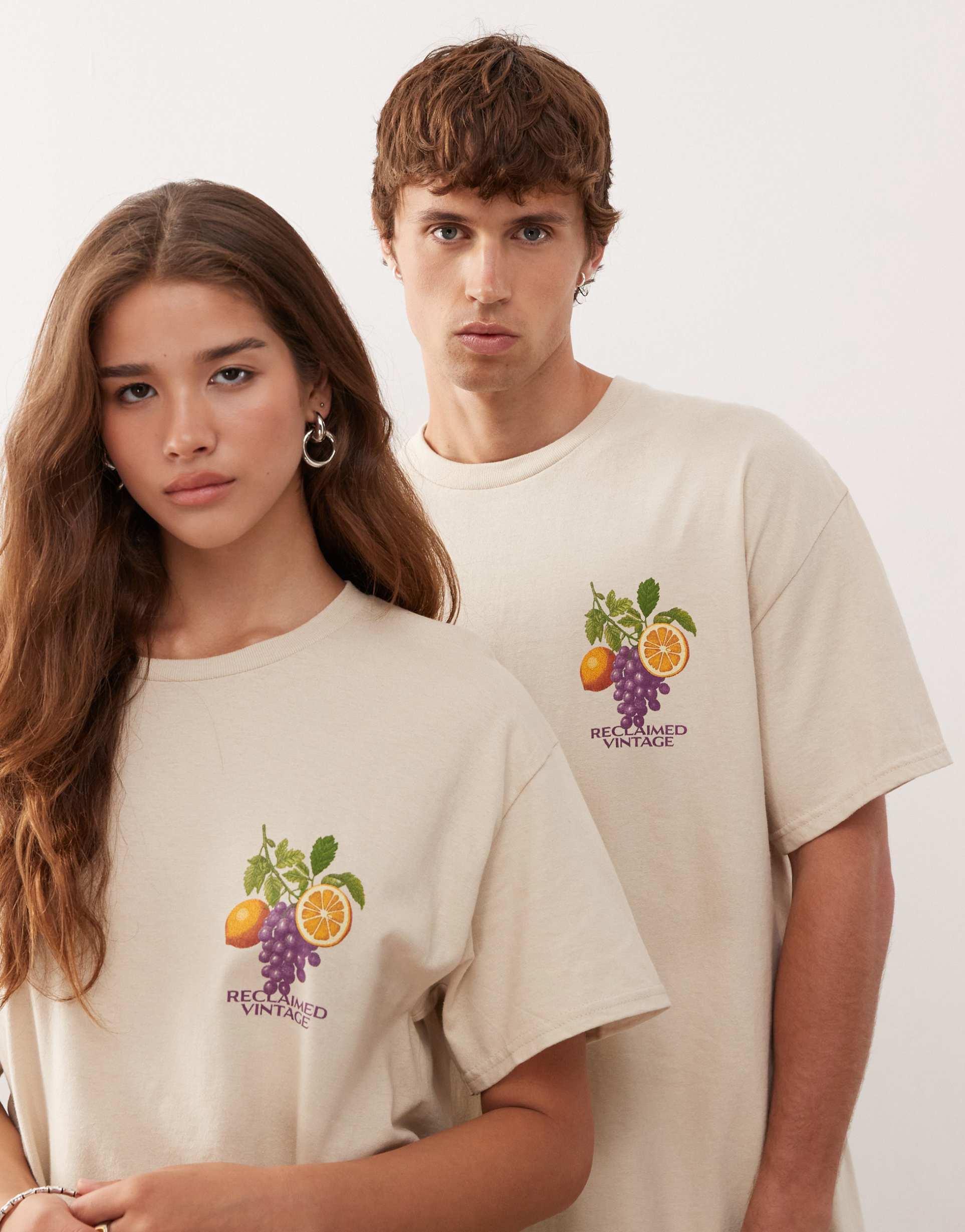 reclaimed vintage unisex oversized t-shirt with fruit graphic print in stone