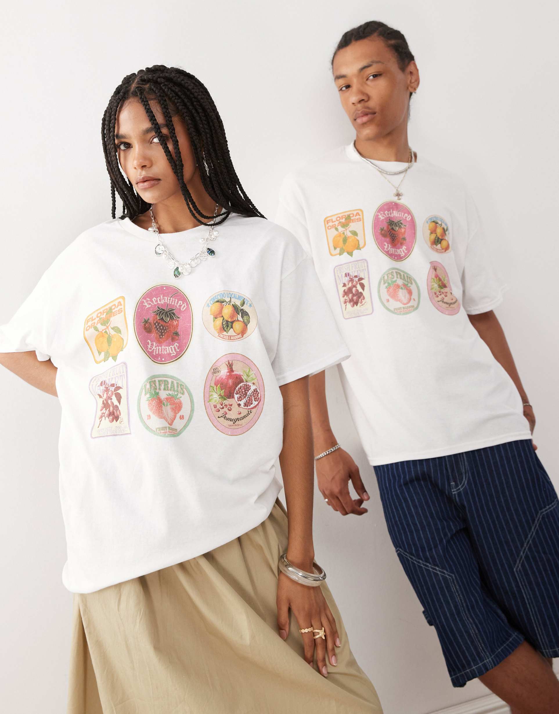 reclaimed vintage unisex oversized t-shirt with fruit sticker prints in white
