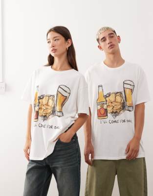Reclaimed Vintage Reclaimed Vintage unisex oversized tee with drinks graphic in white