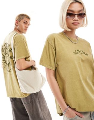 unisex oversized washed T-shirt with back celestial graphic in washed khaki-Neutral