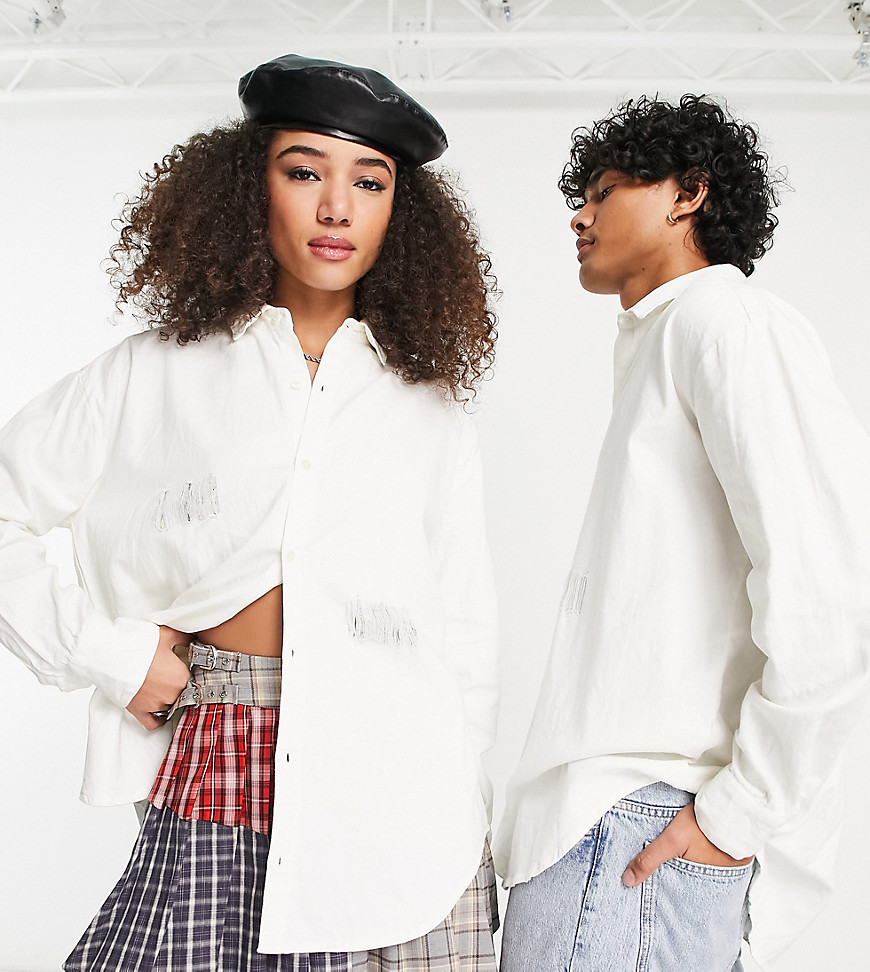Reclaimed Vintage unisex oversized white shirt with distressing