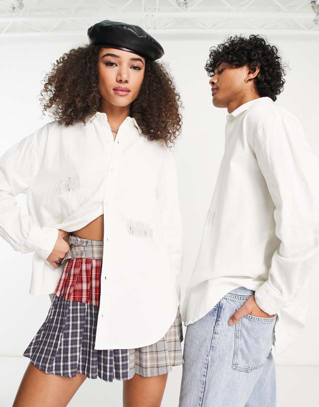 Reclaimed Vintage unisex oversized white shirt with distressing