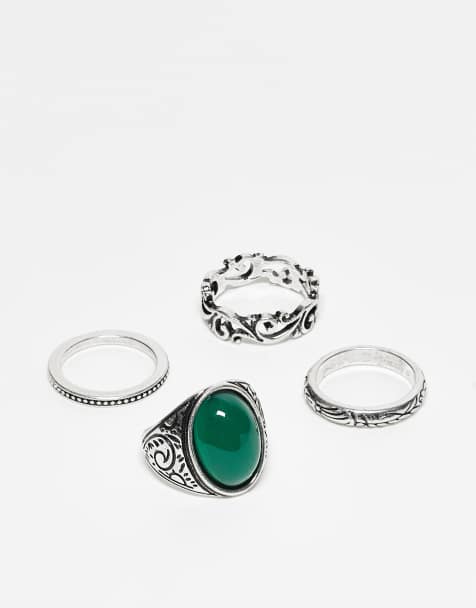 Reclaimed Vintage - Unisex - Pakke med 4 forskellige sølvfarvede ringe med grøn smykkesten - view 1