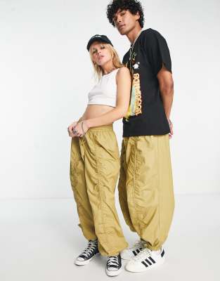 Reclaimed Vintage unisex parachute cargo pants with ruching in beige