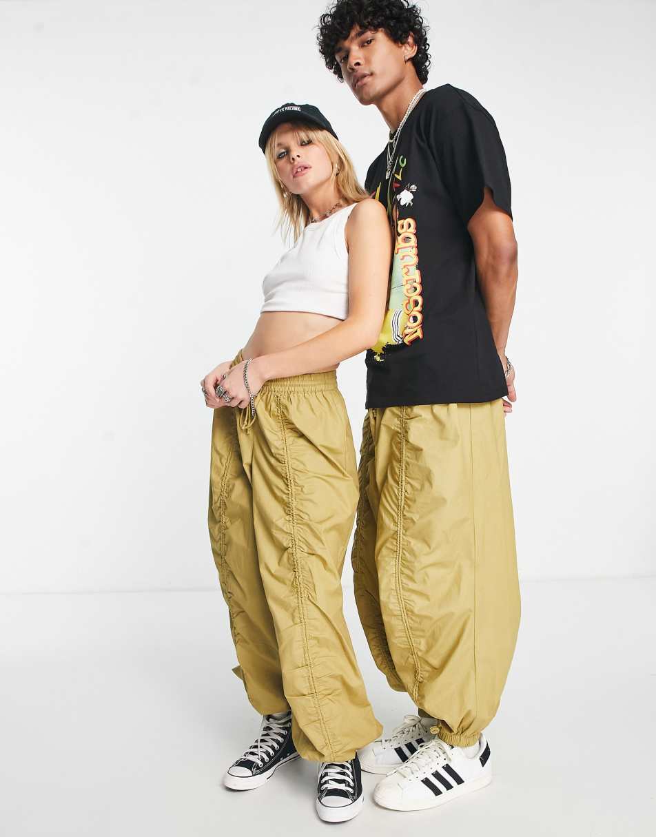 Reclaimed Vintage unisex parachute cargo trouser with ruching in beige