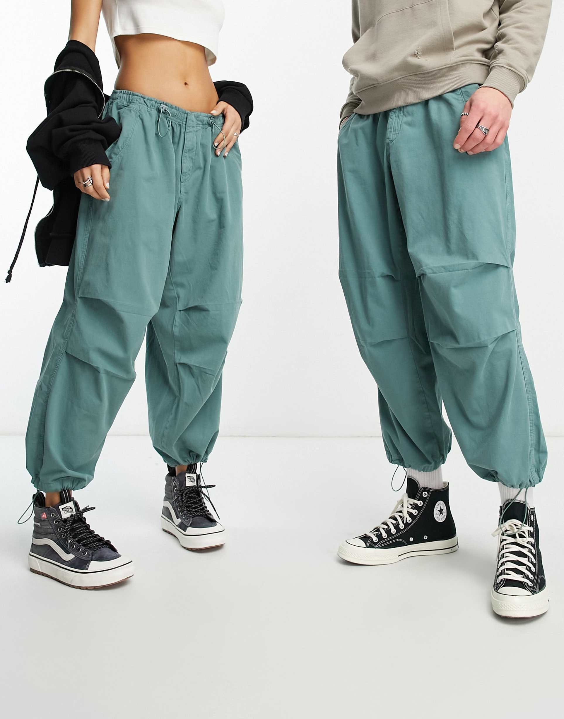 Reclaimed Vintage unisex parachute cargo trousers in green view 2