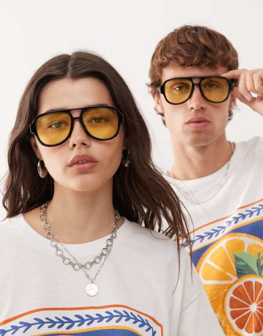 Reclaimed Vintage – Unisex-Pilotensonnenbrille in Schwarz mit gelben Gläsern, 3 von 3