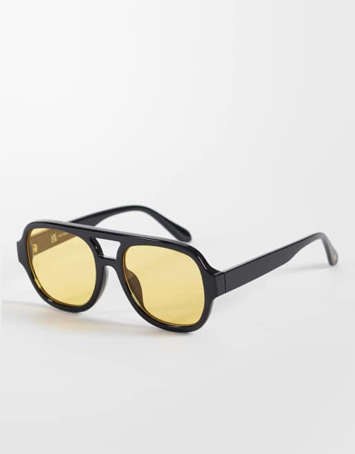 Reclaimed Vintage – Unisex-Pilotensonnenbrille in Schwarz mit gelben Gläsern