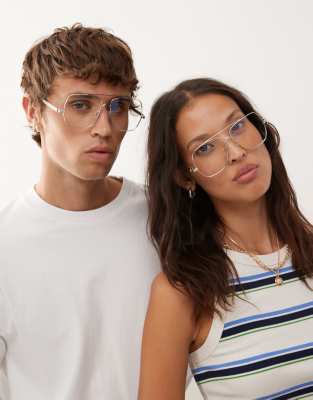 Reclaimed Vintage - Unisex-Pilotensonnenbrille in Silberoptik mit hellblauen Gläsern