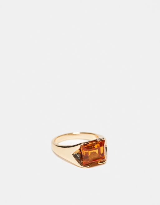 Reclaimed Vintage unisex pinky ring with orange stone in gold ASOS