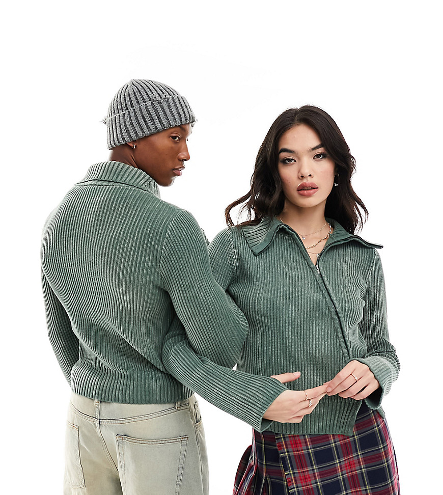 unisex plated rib knit sweater in green acid wash