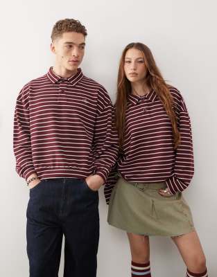 unisex polo sweatshirt in burgundy stripe-Red