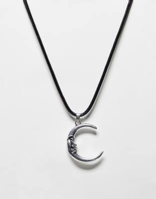 Reclaimed Vintage Unisex Puff Moon Pendant Necklace On Cord-black