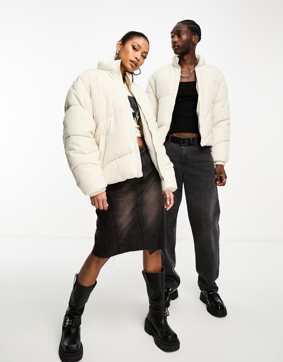 Reclaimed Vintage unisex puffer bomber jacket in off white