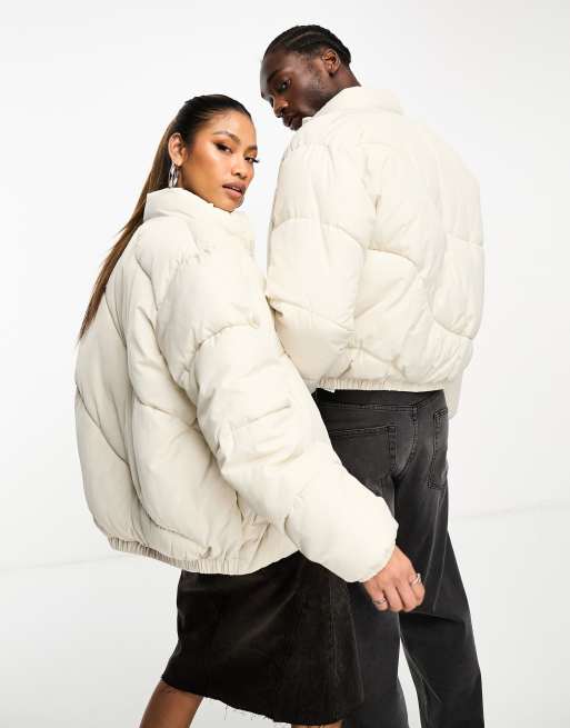 Reclaimed Vintage unisex puffer bomber jacket in off white | ASOS