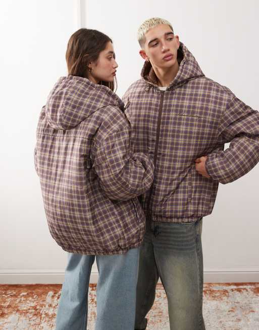 Reclaimed Vintage unisex puffer jacket with drawstrings in check