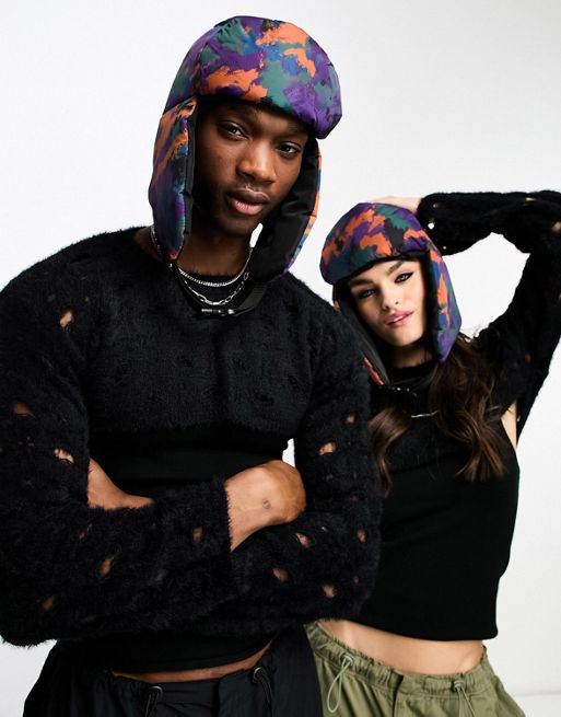 Reclaimed Vintage unisex puffer trapper hat in camo print | ASOS