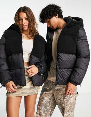 Reclaimed Vintage unisex puffer with borg mix in black