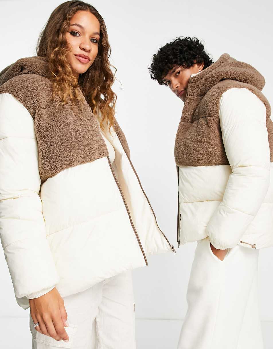 Reclaimed Vintage unisex puffer with borg mix in cream