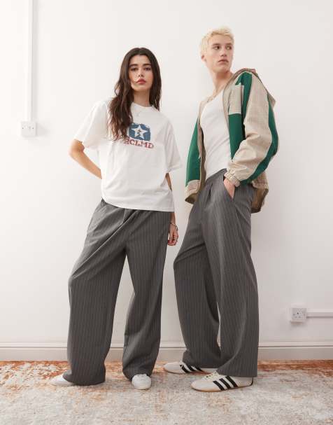 Reclaimed Vintage unisex pull-on wide leg pinstripe pants in charcoal - view 1