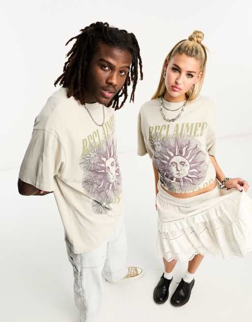 Reclaimed Vintage unisex purple celestial print t-shirt in stone