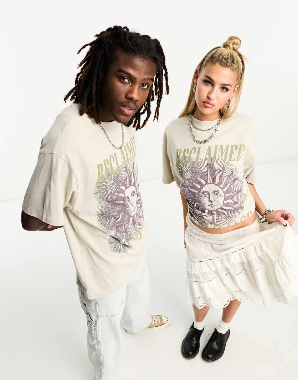 Reclaimed Vintage unisex purple celestial print t-shirt in stone