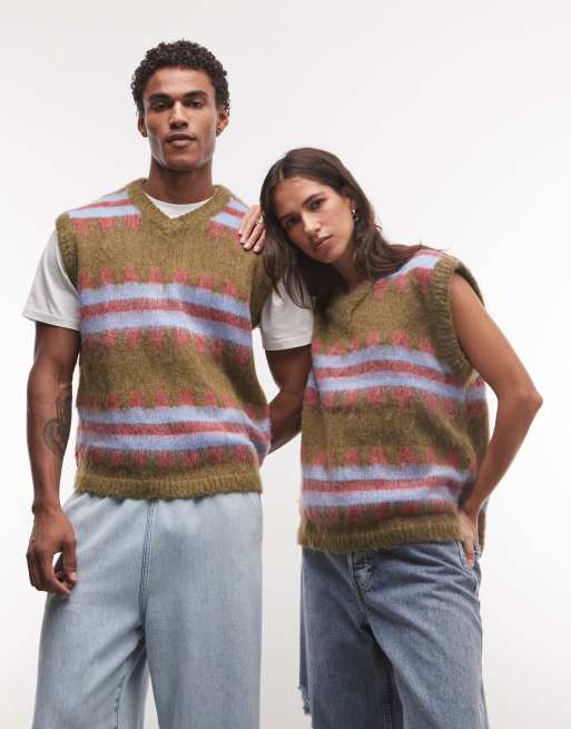 Reclaimed Vintage unisex randig stickad väst i khaki, 1 av 4