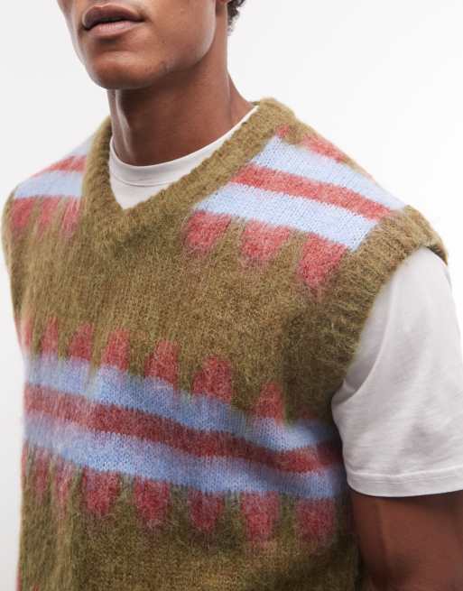 Reclaimed Vintage unisex randig stickad väst i khaki, 3 av 4