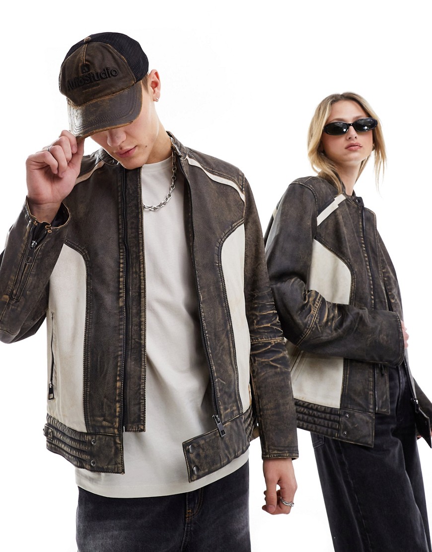 Reclaimed Vintage unisex real leather biker in washed brown and ecru