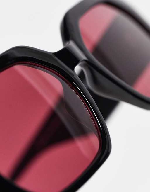 Reclaimed Vintage unisex red lens sunglasses in black, 3 of 4