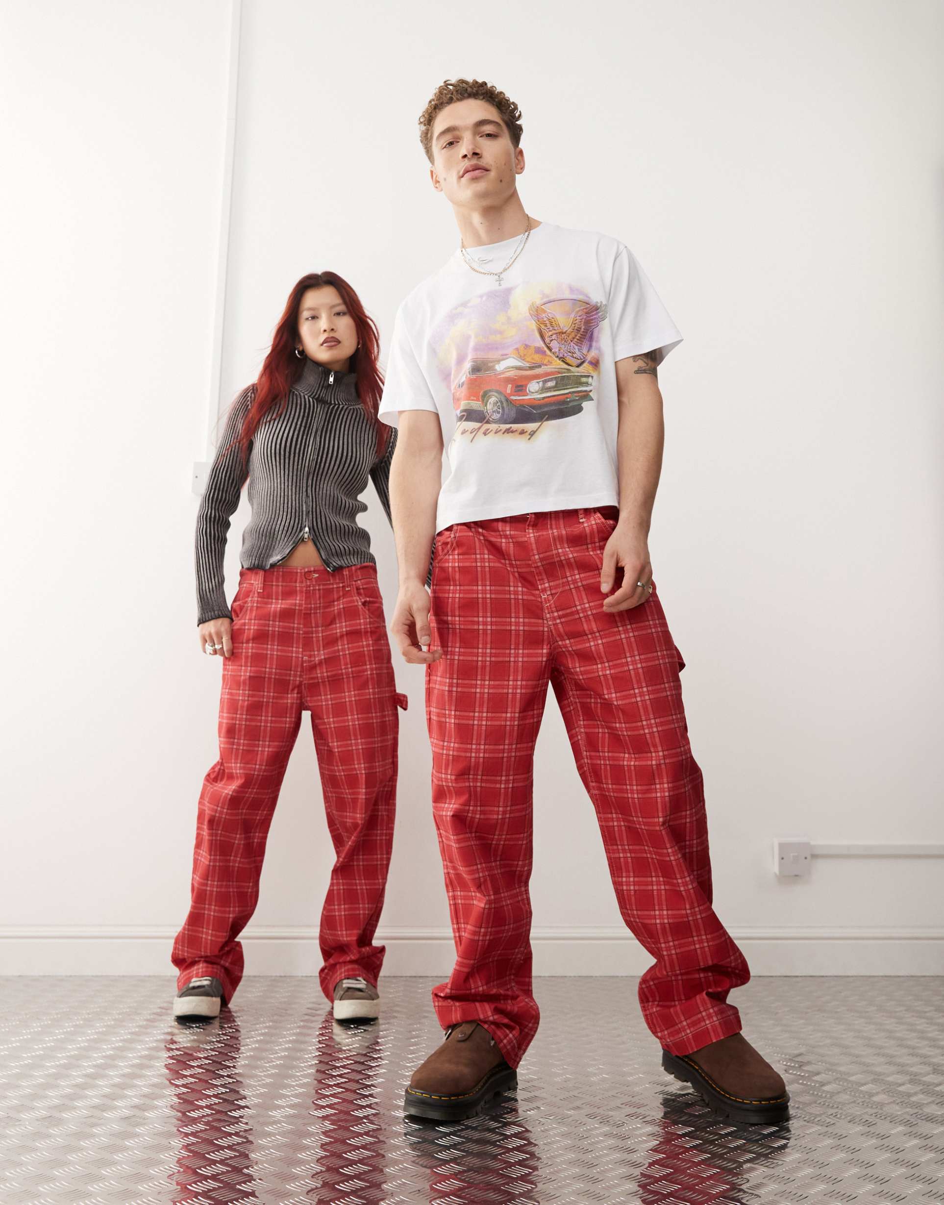 reclaimed vintage unisex red plaid print barrel leg pants