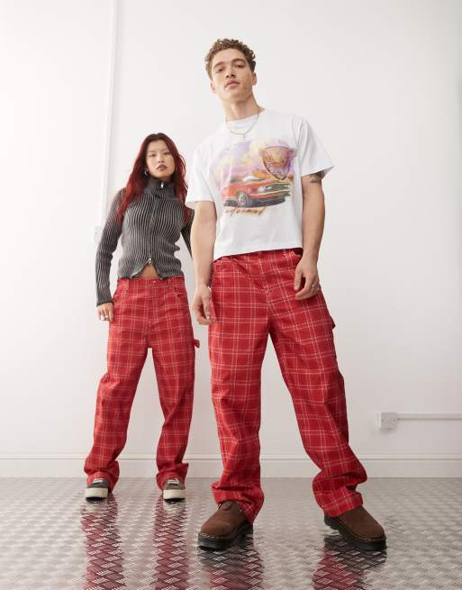 Reclaimed Vintage unisex red plaid print barrel leg pants ASOS