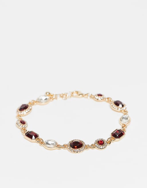 Reclaimed Vintage Unisex red rhinestone chain bracelet in gold tone