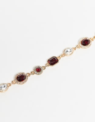Reclaimed Vintage Unisex Red Rhinestone Chain Bracelet In Gold
