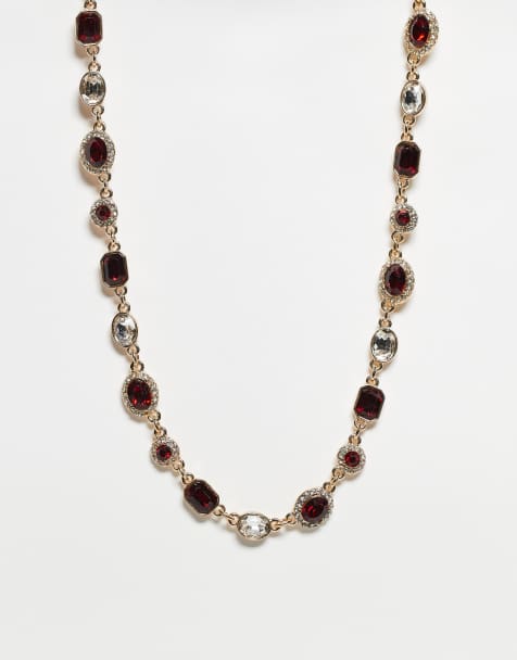 Reclaimed Vintage unisex  red rhinestone choker chain necklace in gold - view 1
