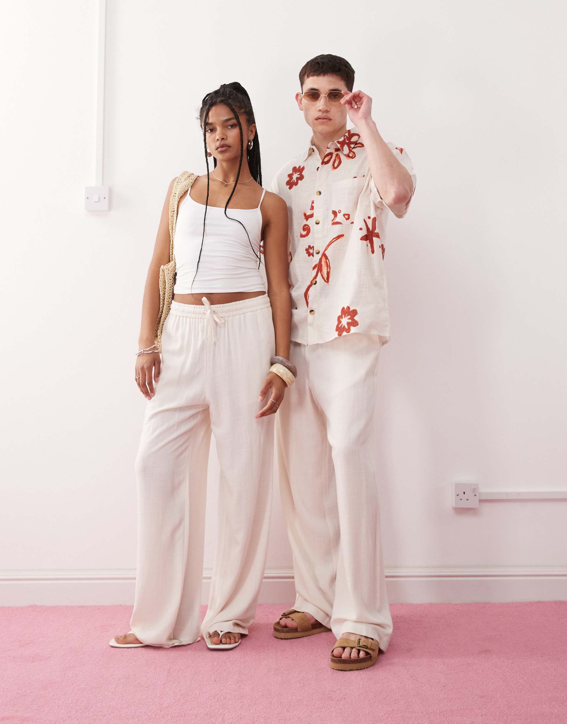 reclaimed vintage unisex relaxed linen blend pants in ecru