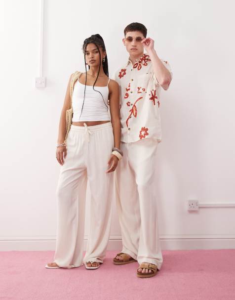 Reclaimed Vintage unisex relaxed pants in linen in ecru - view 1