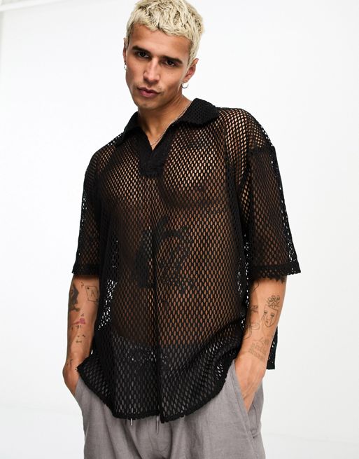 Reclaimed (vintage) Long Sleeve Mesh Top With Overlay in Black for Men