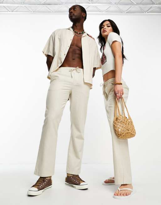 Reclaimed Vintage unisex relaxed straight pants in ecru linen mix