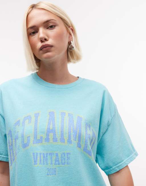 Reclaimed Vintage unisex retro college T-shirt in turquoise, 3 of 4