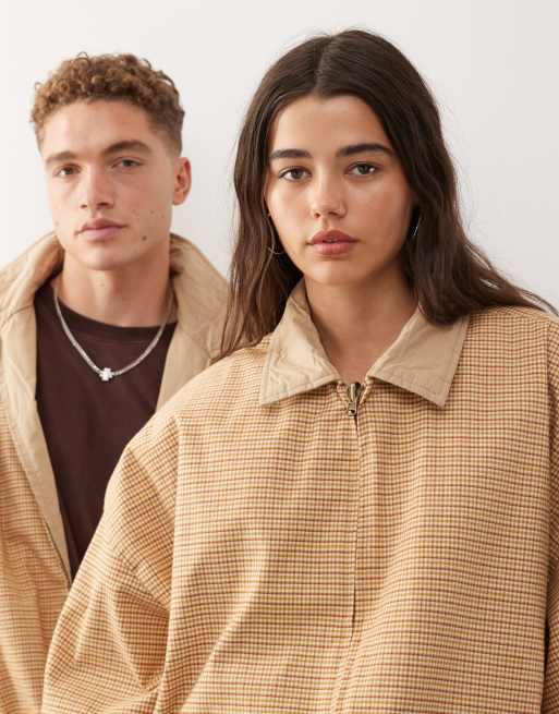 Reclaimed Vintage unisex reversible harrington coach jacket in tan and check print, 2 of 4