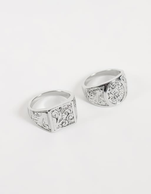 Reclaimed Vintage unisex rhodium engraved two pack of signet rings, 1 of 3