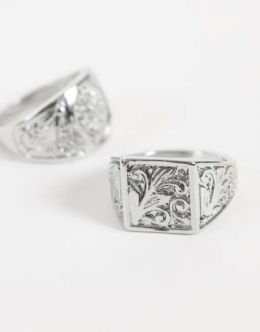 Reclaimed Vintage unisex rhodium engraved two pack of signet rings, 2 of 3